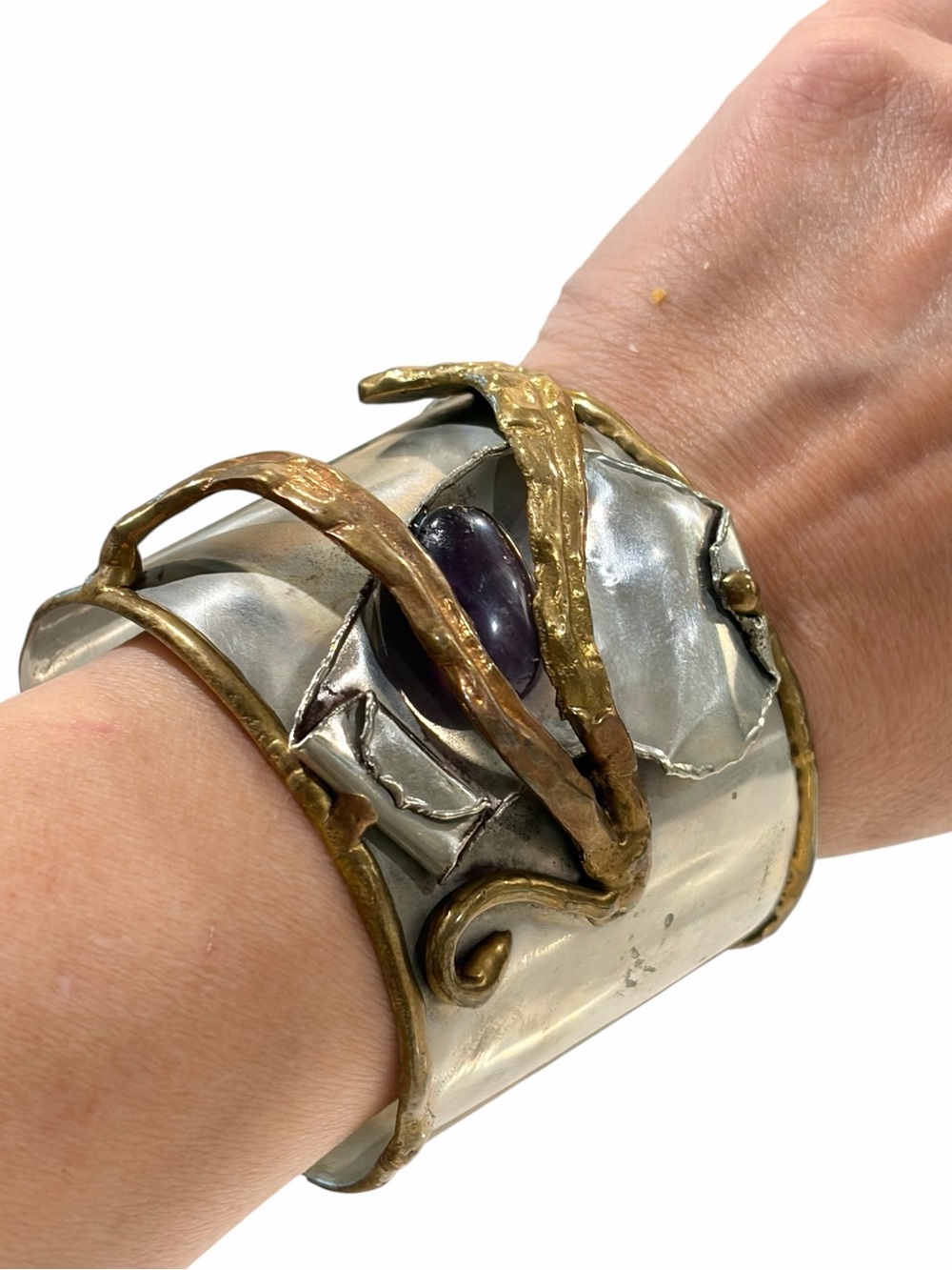 Artisan Mixed Metal Wide Cuff Bracelet  Modernist Amethyst Cabochon Statement